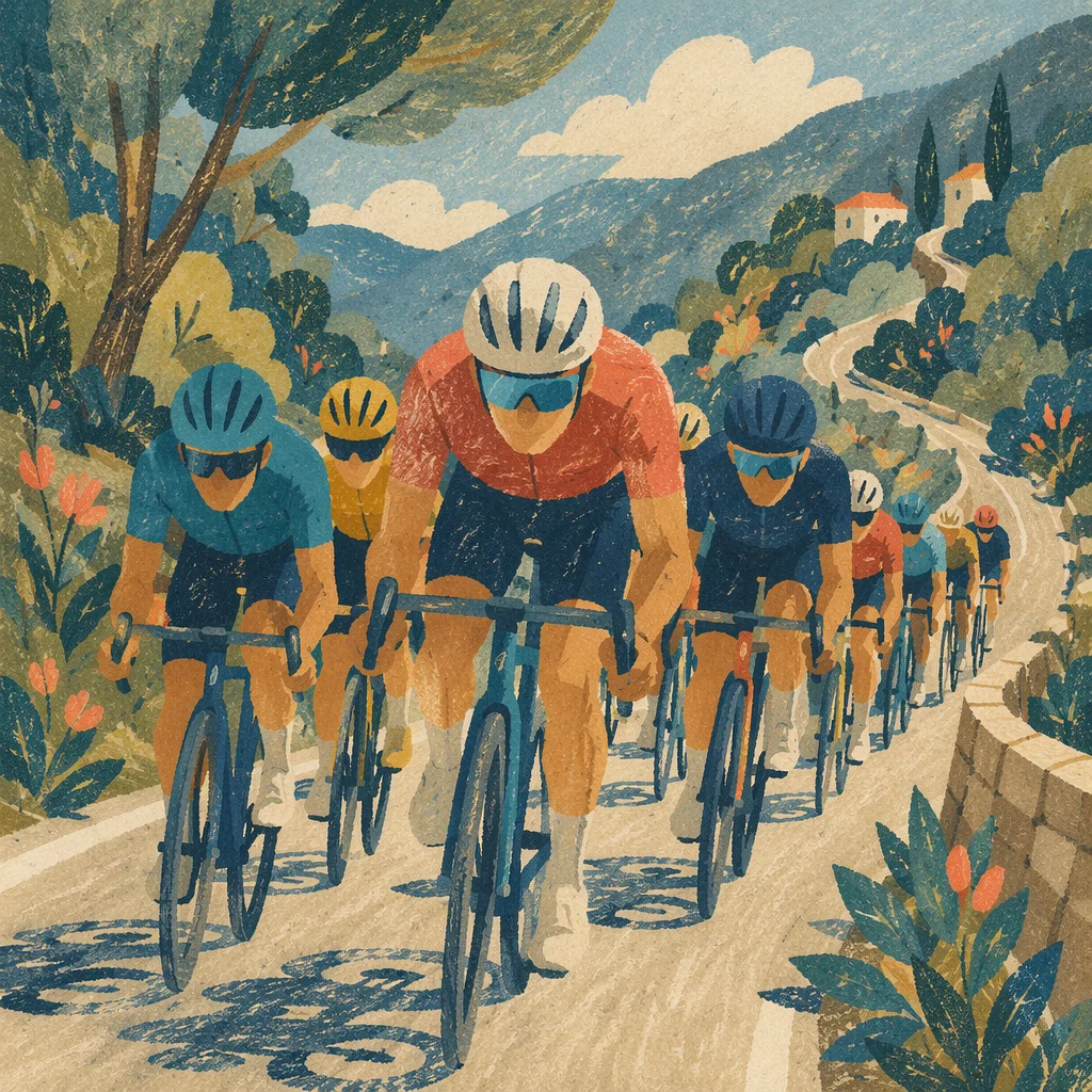 Road Cyclists Climbing Sunlit Mountain Road