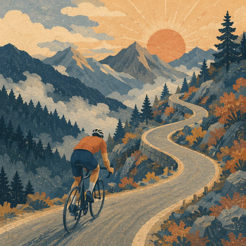 Mountain Road Cyclist at Sunrise Climb
