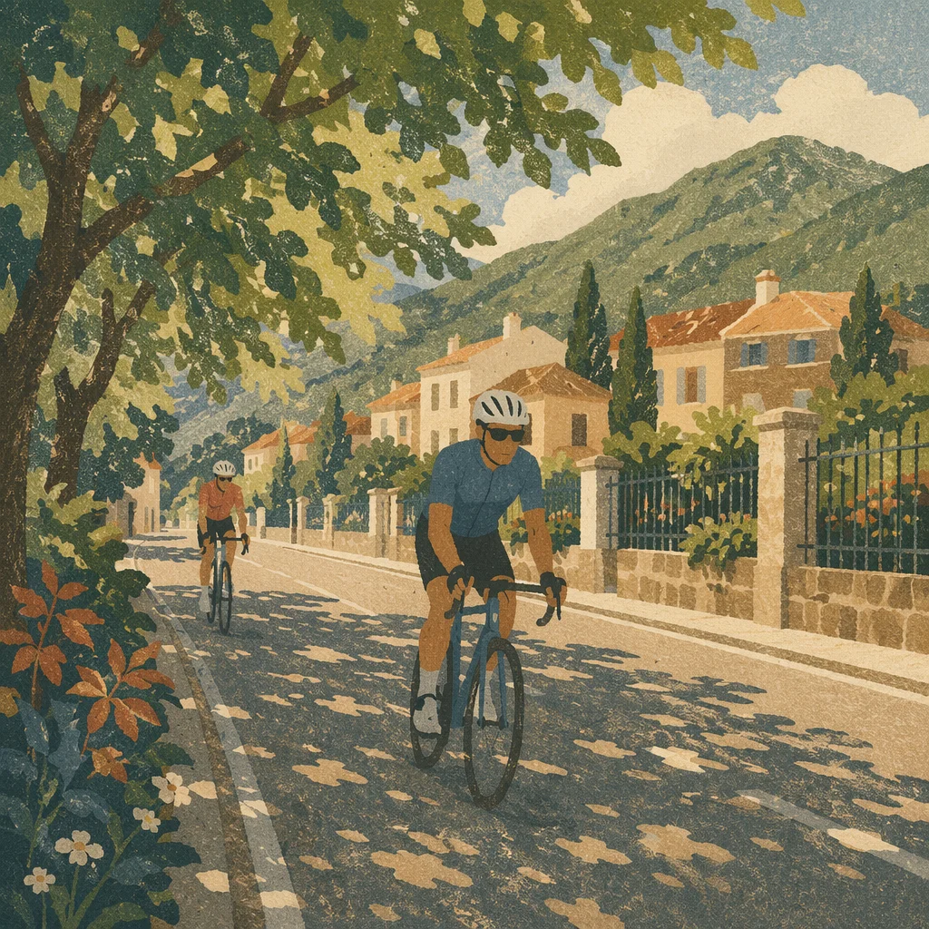 Morning Road Cyclists Near Mountain Town