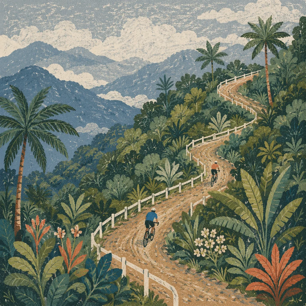 Cyclists on Misty Tropical Mountain Road