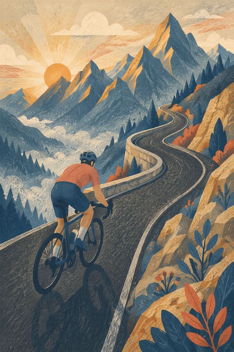 Mountain Road Cyclist at Sunrise