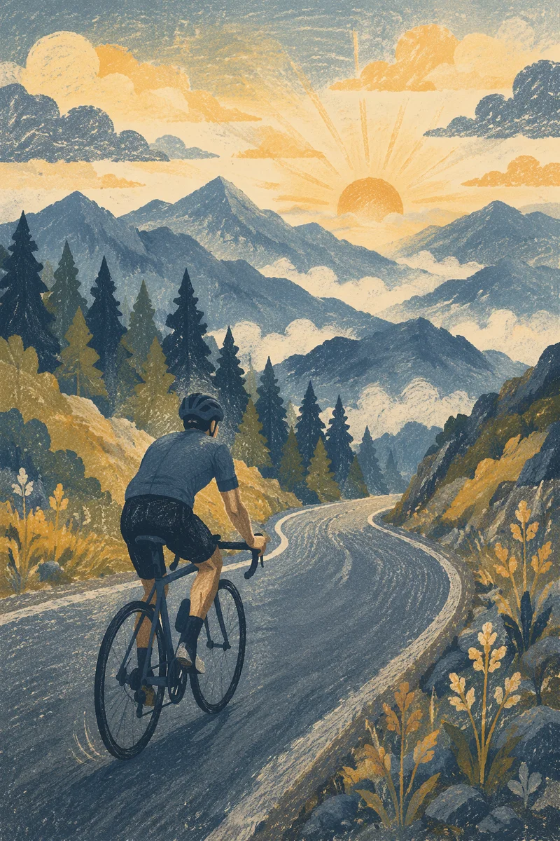 Cyclist Climbing Mountain Road at Sunrise