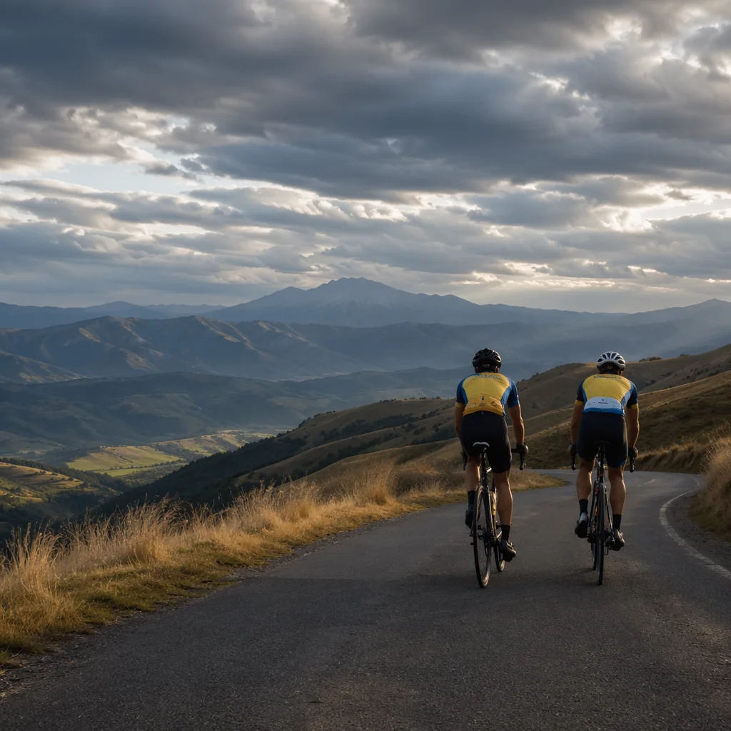 Mountain Road Cyclists Under Dramatic Sky