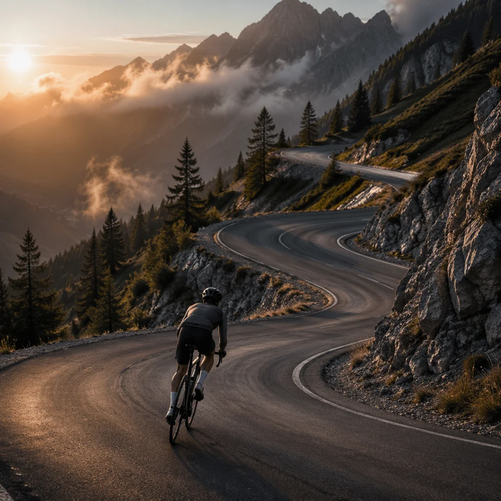 Road Bike Rider on Mountain Sunrise Climb