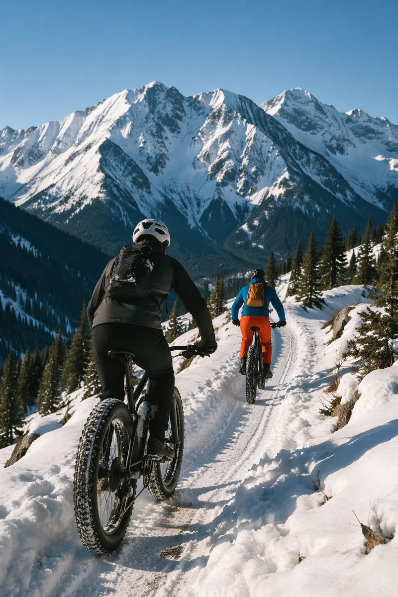 Winter Cyclists on Snowy Mountain Trail