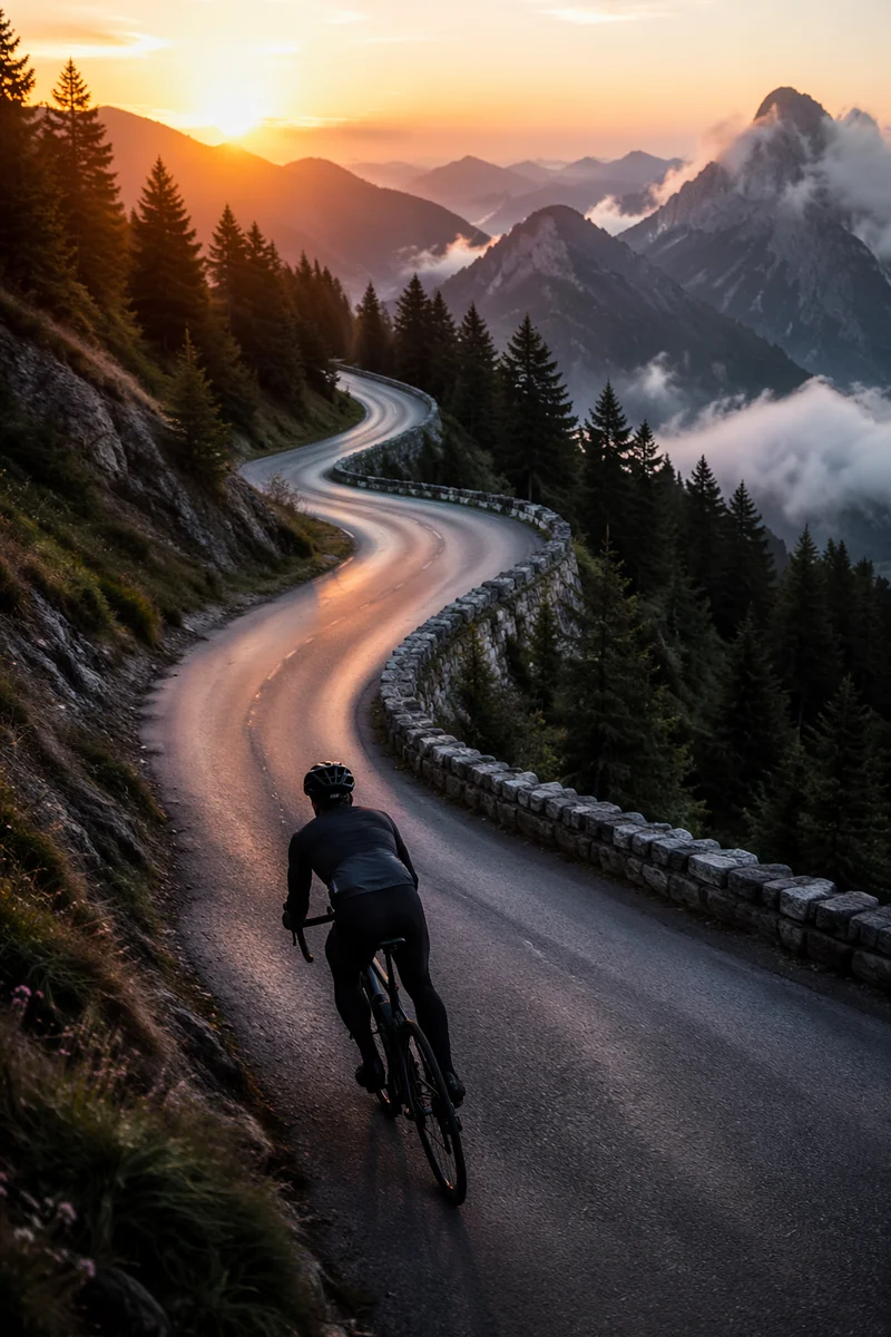 Sunrise Road Cyclist Climbing Mountain Pass