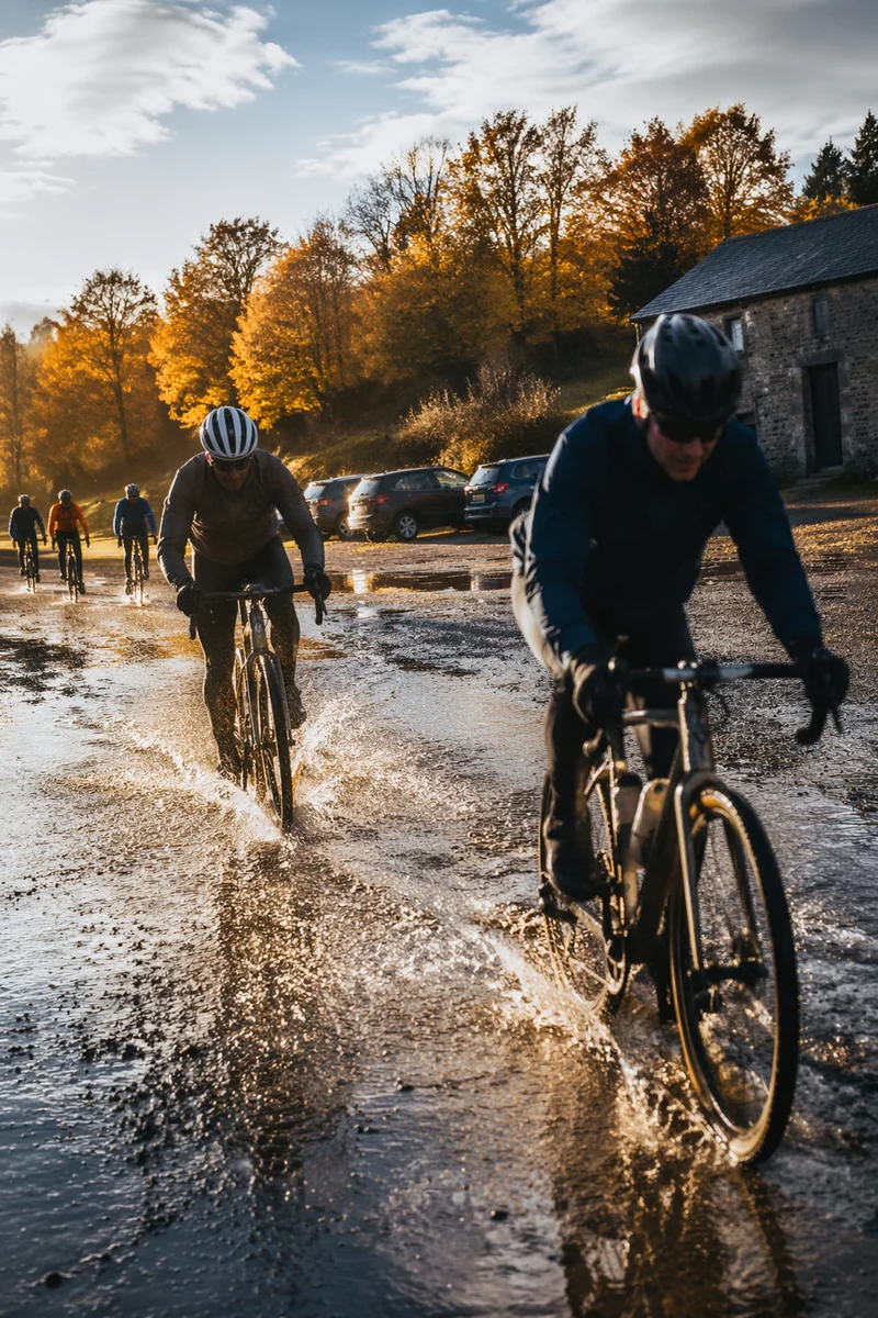 Cyclists Splashing Through Autumn Trail Puddle