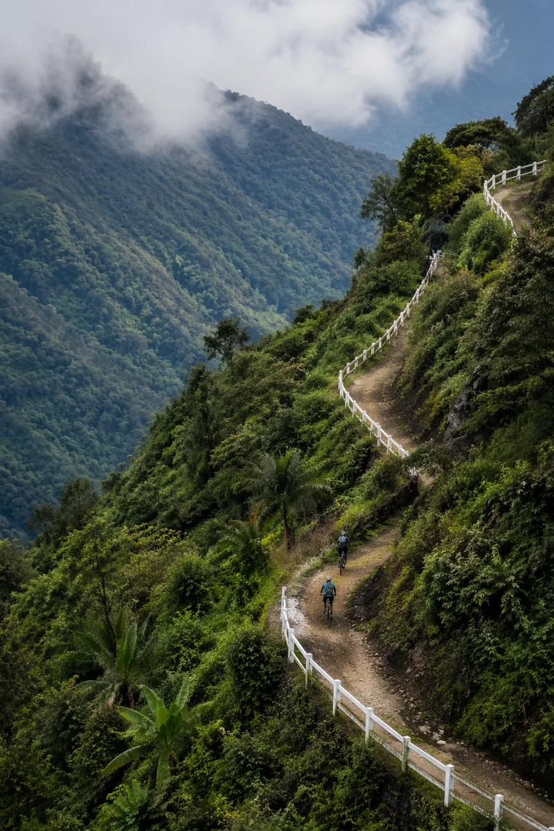 Cyclists on Misty Tropical Mountain Road