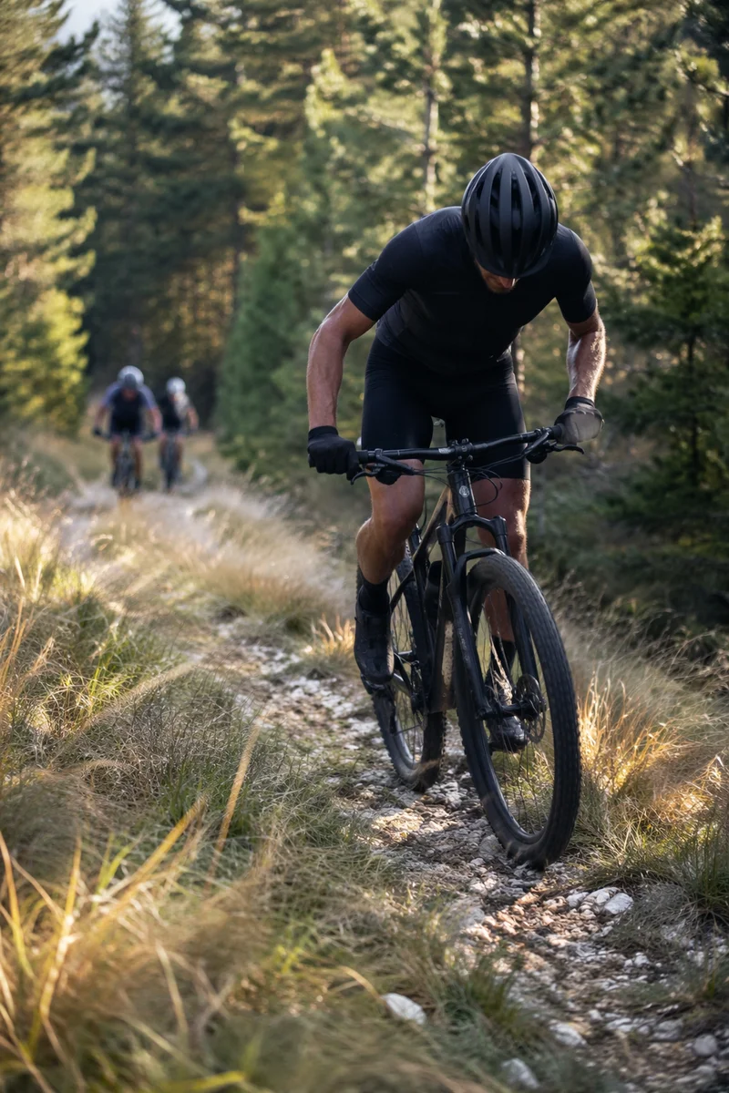 Cyclist Racing Through Pine Forest Trail