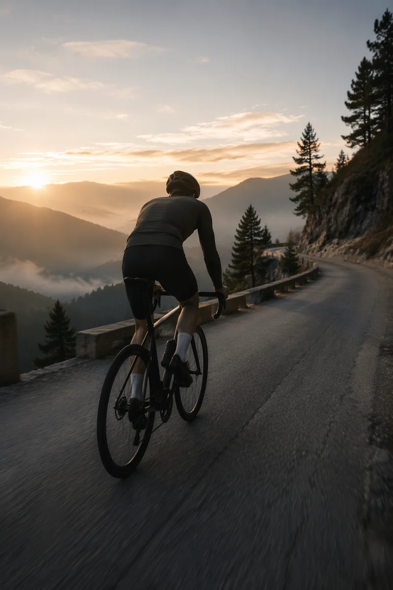 Road Cyclist Climbing Mountain at Sunrise