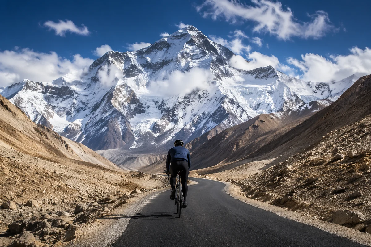 Mountain Road Cyclist Climbing Alpine Valley