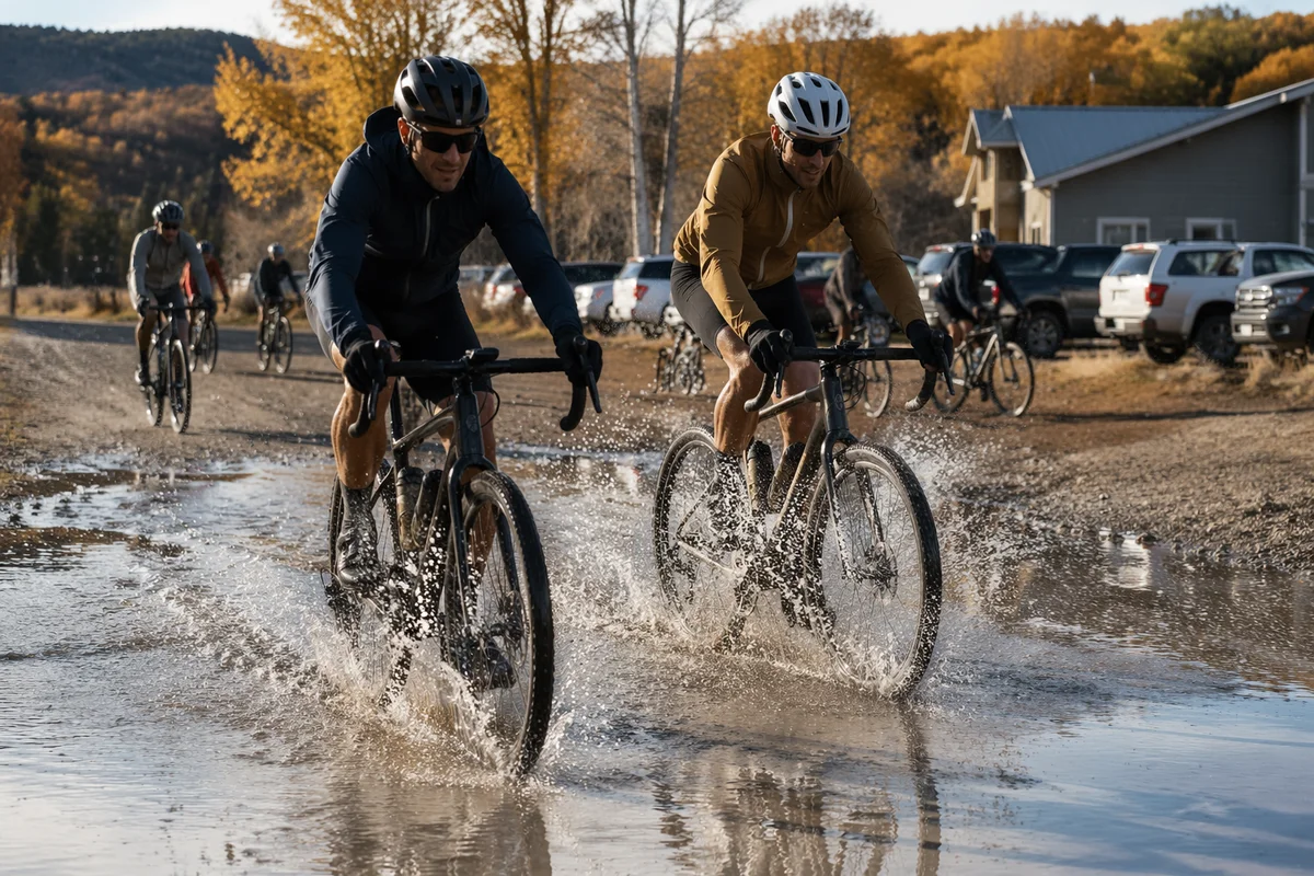 Cyclists Splashing Through Autumn Trail Puddle