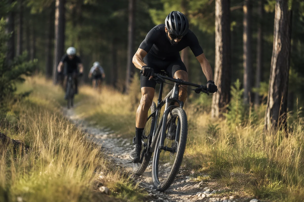 Cyclist Racing Through Pine Forest Trail