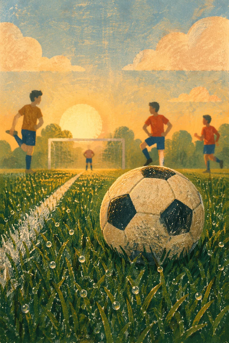 Soccer Ball on Dewy Morning Field