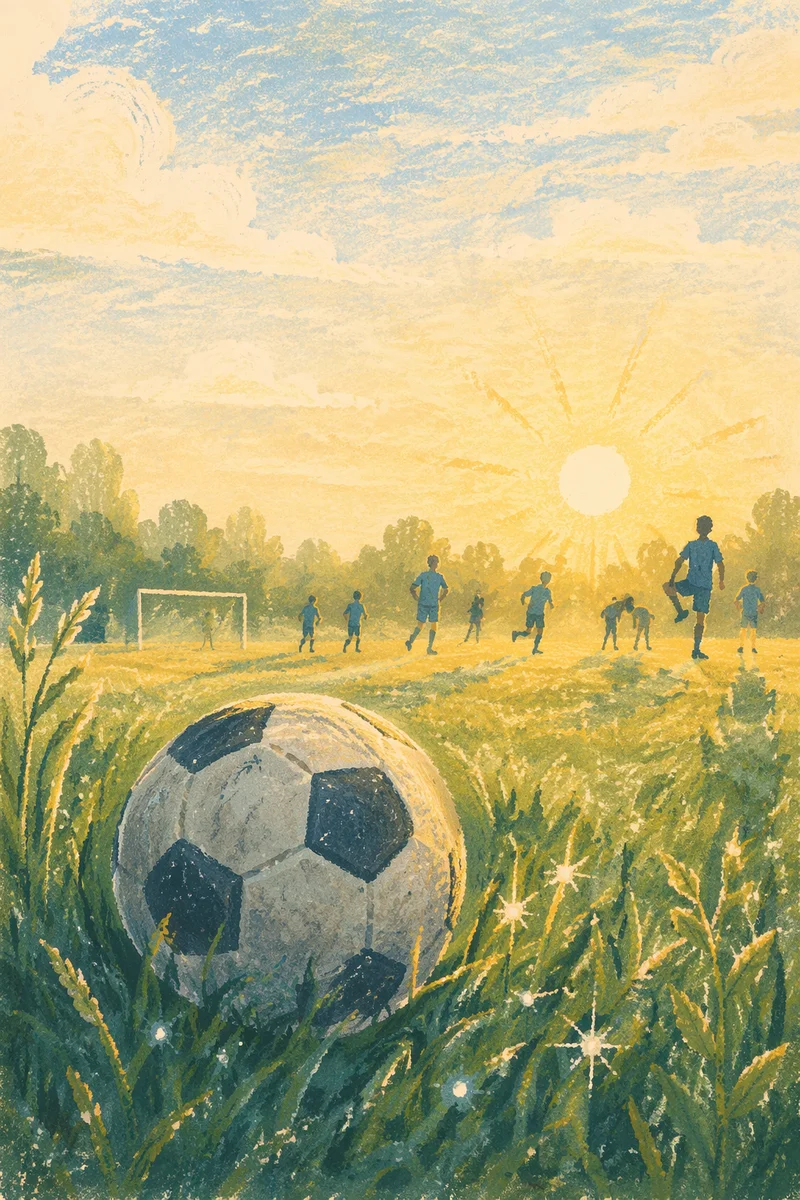 Soccer Ball at Sunrise on Dewy Field