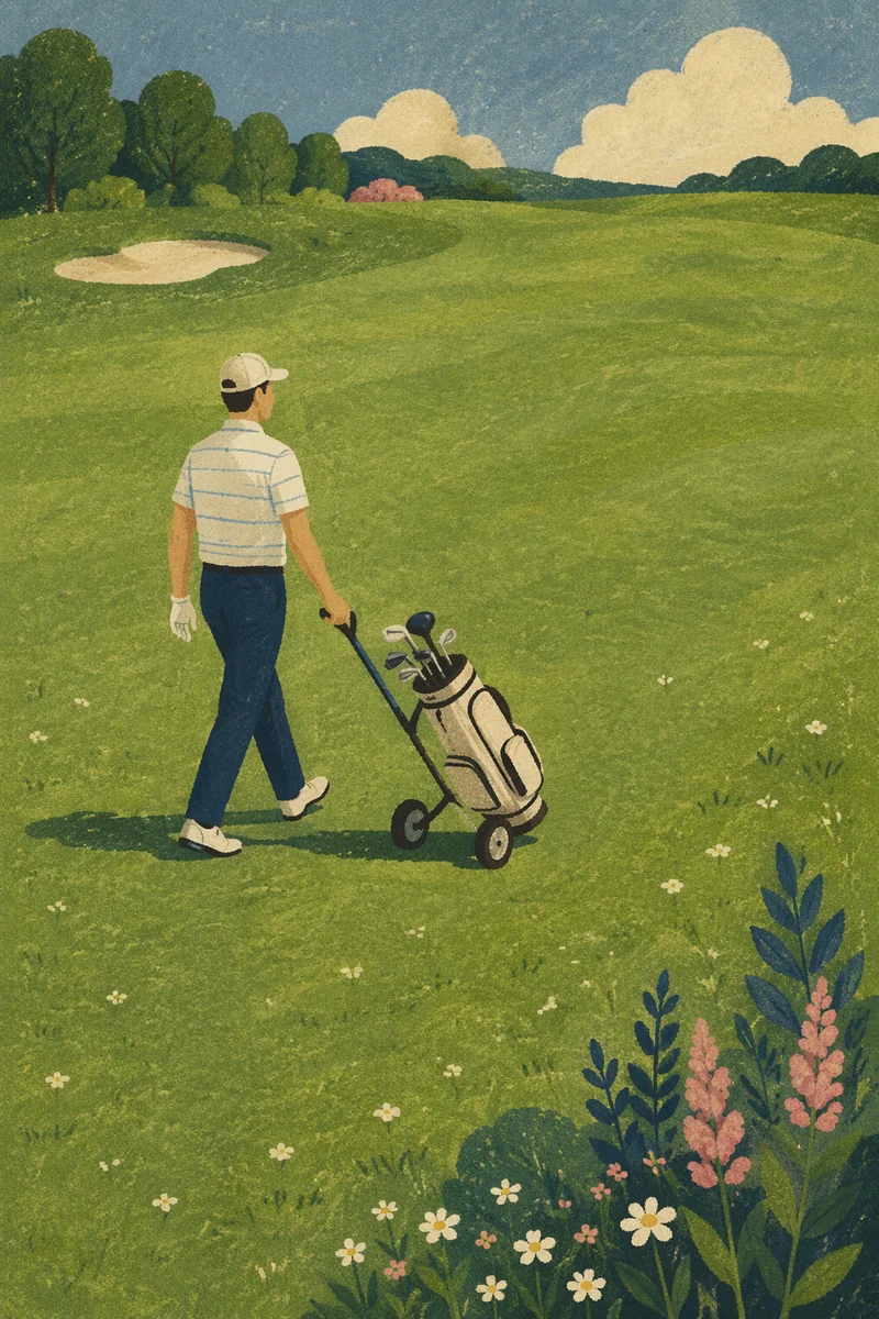 Solitary Golfer Walking Across Emerald Fairway