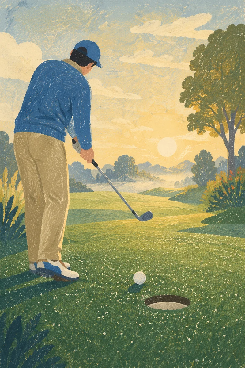 Morning Golf Swing on Dewy Green