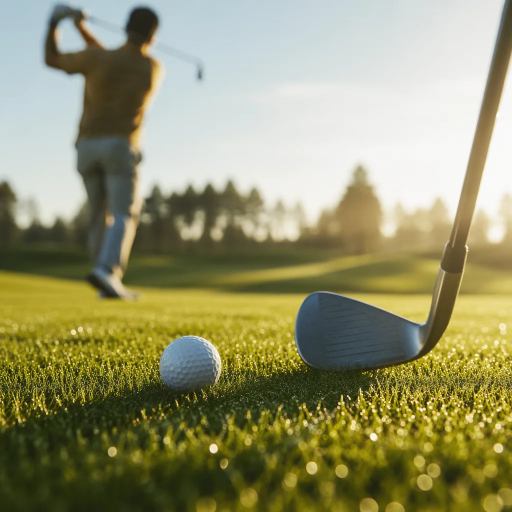 Morning Golf Swing on Dewy Green