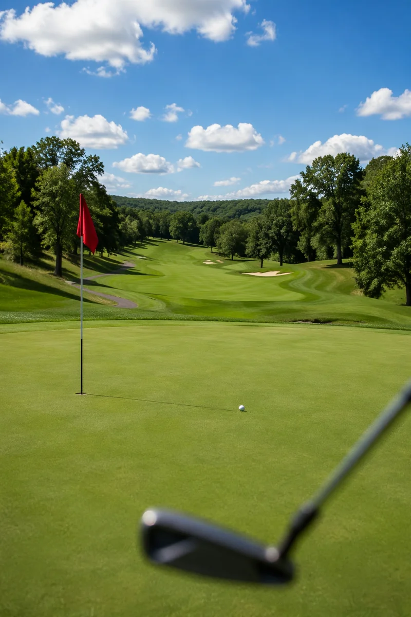 Calm Golf Green with Red Pin Flag