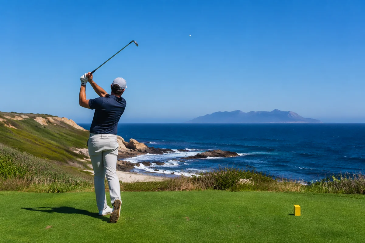Coastal Golfer Swinging Toward Blue Ocean