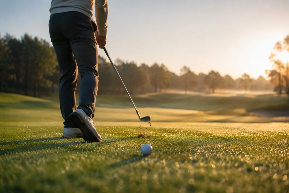 Early Morning Golfer Swing on Dewy Green
