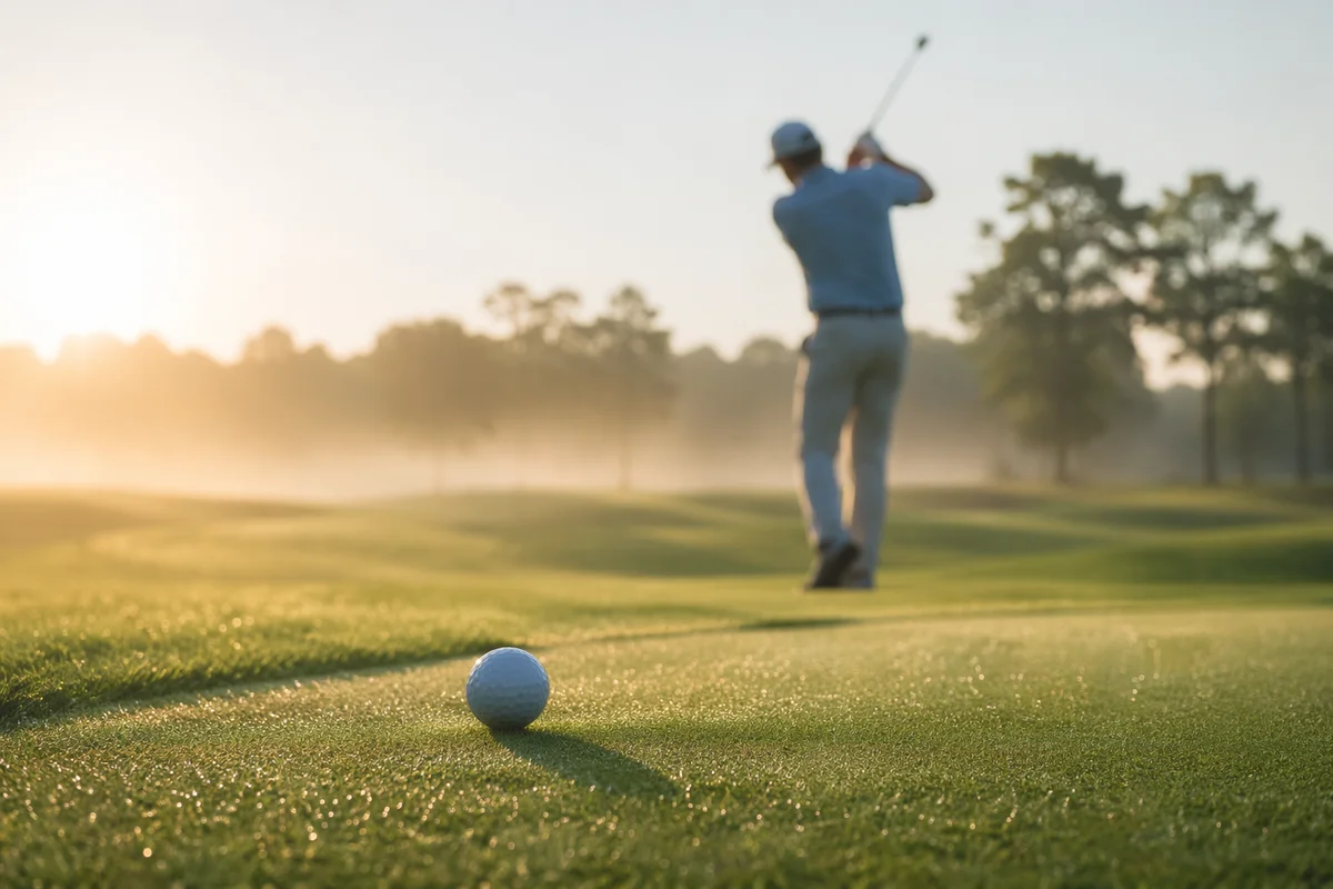 Morning Golf Swing on Dewy Green