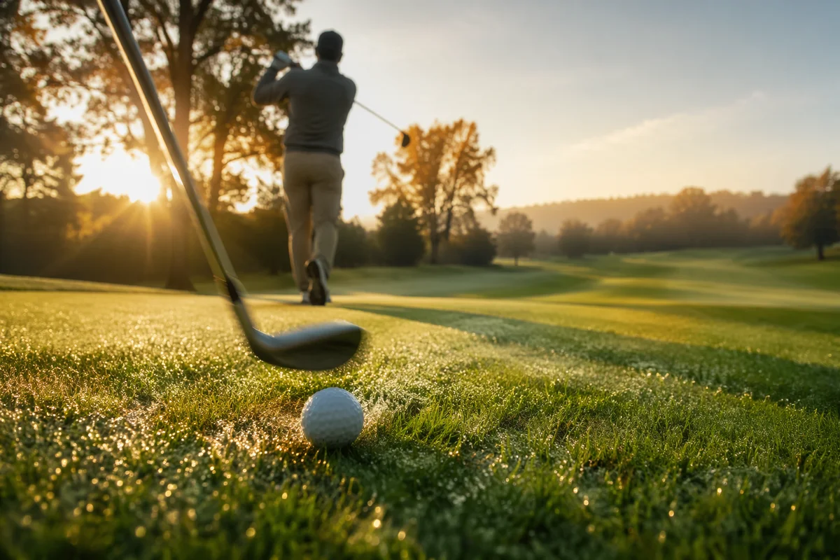 Sunrise Golf Swing on Dewy Green
