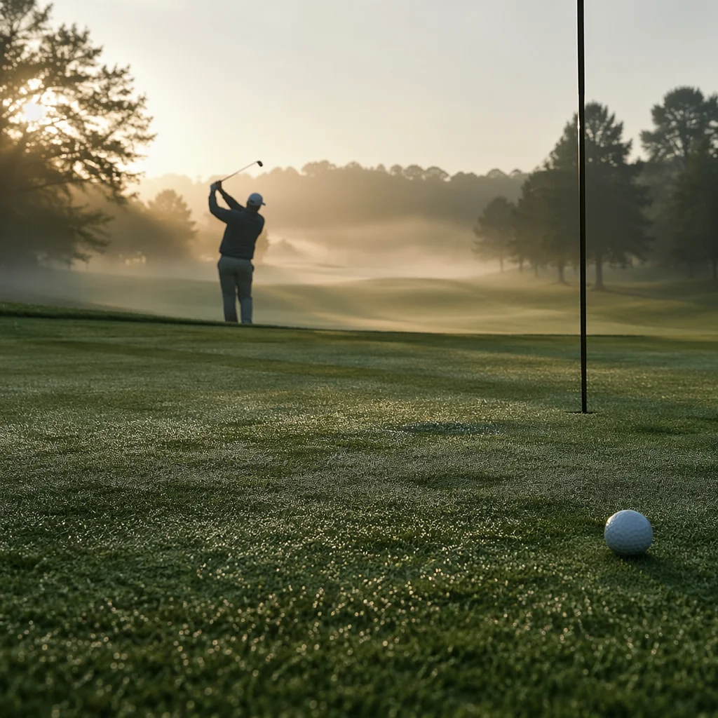 Misty Morning Golf Fairway at Sunrise
