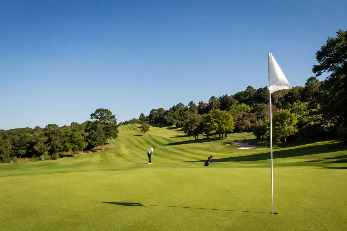 Sunny Golf Course Fairway with Distant Golfer