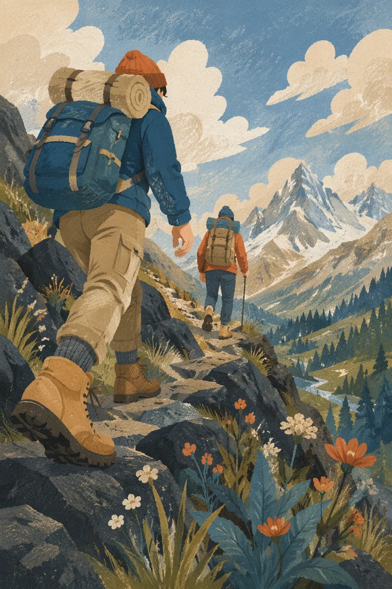 Hikers Ascending Rocky Mountain Trail