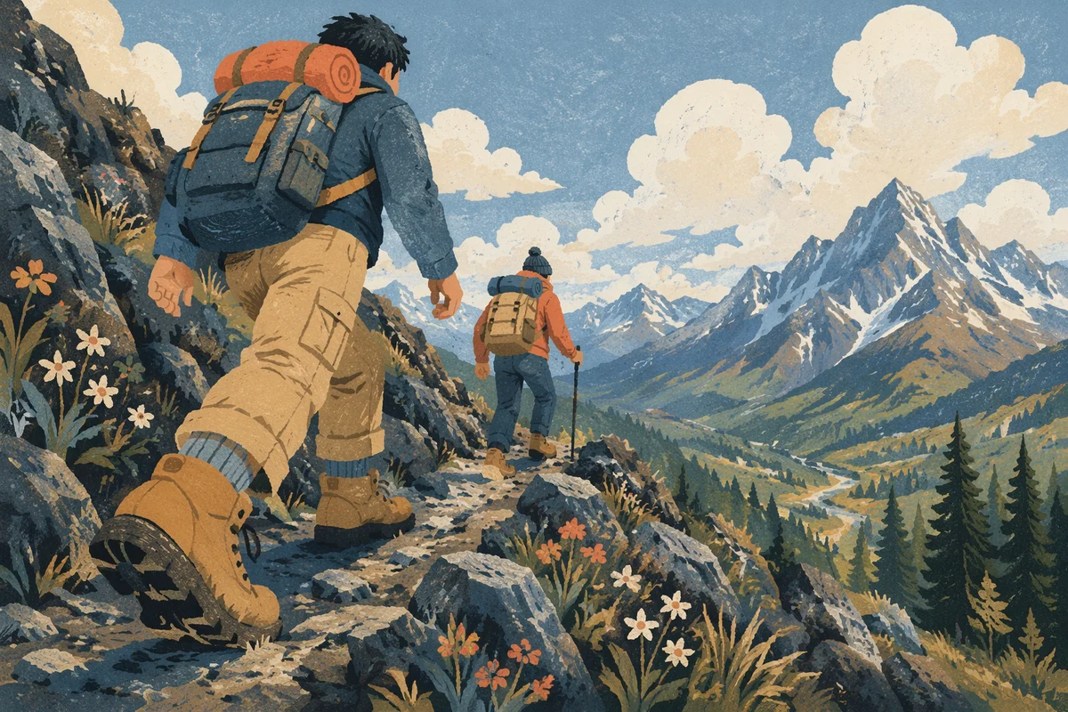 Hikers Climbing Rocky Mountain Trail