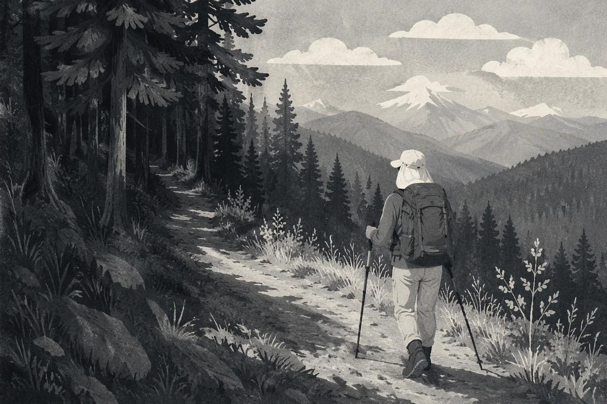 Lone Hiker on Mountain Forest Trail