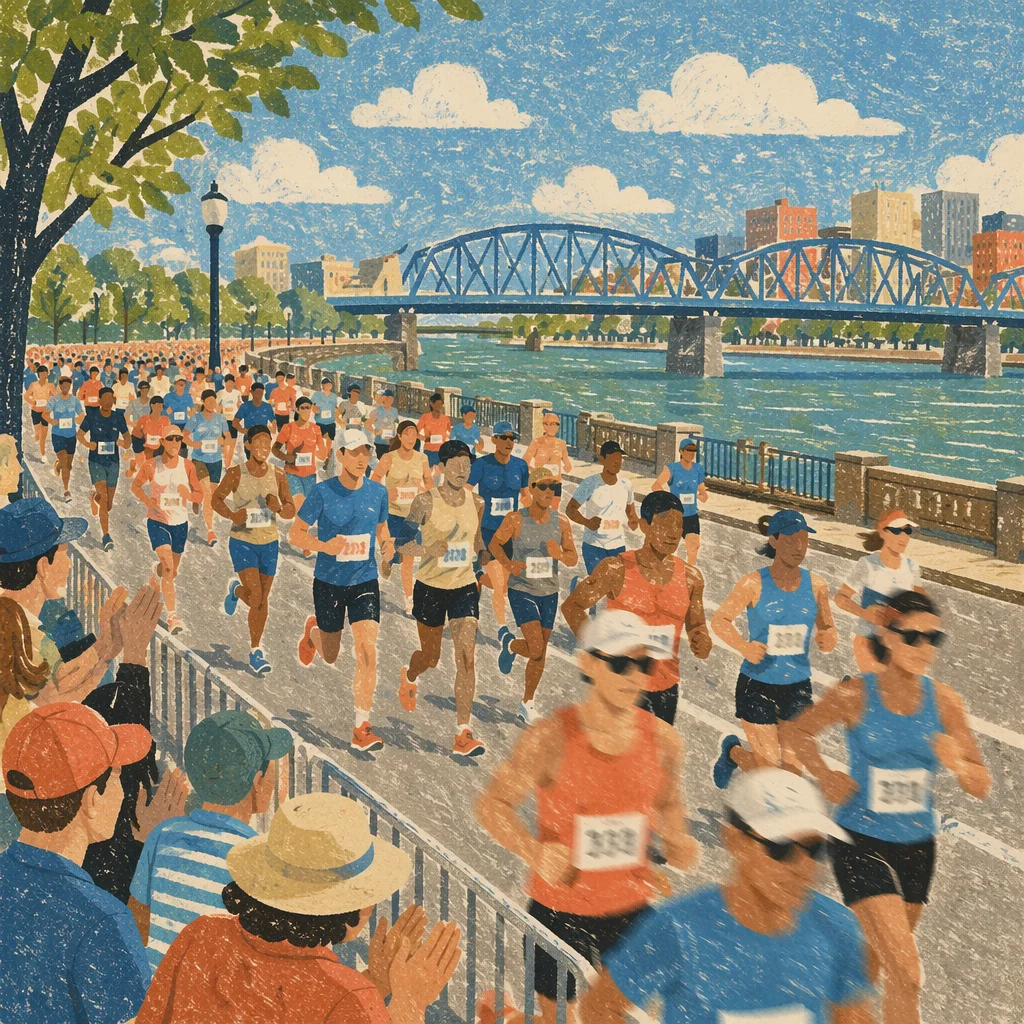 City Marathon Crowd Along Riverside Street