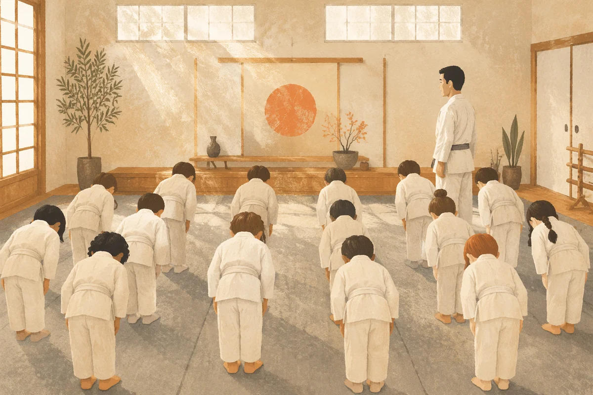 Kids Martial Arts Class Practicing Respectful Bow