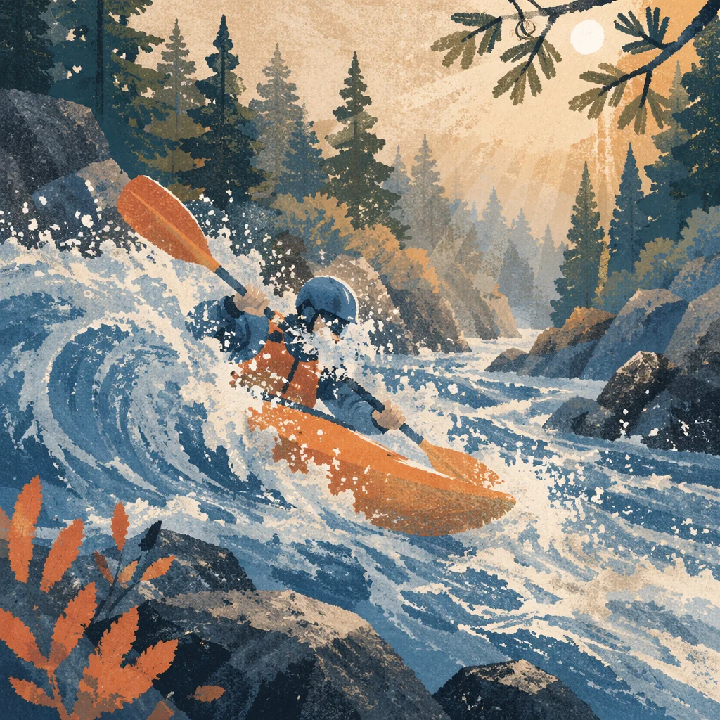 Kayaker Charging Through Forest River Rapids