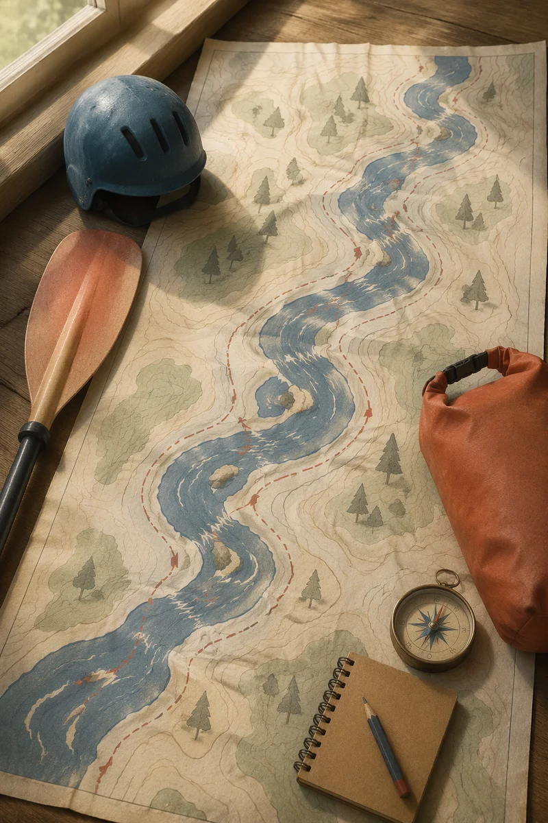 River Rapids Kayaking Route Map Flat Lay