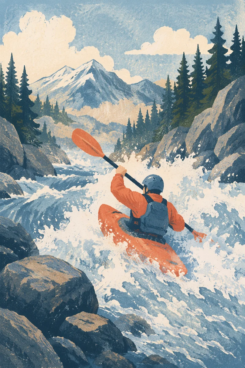 Lone Kayaker Charging Mountain River Rapids