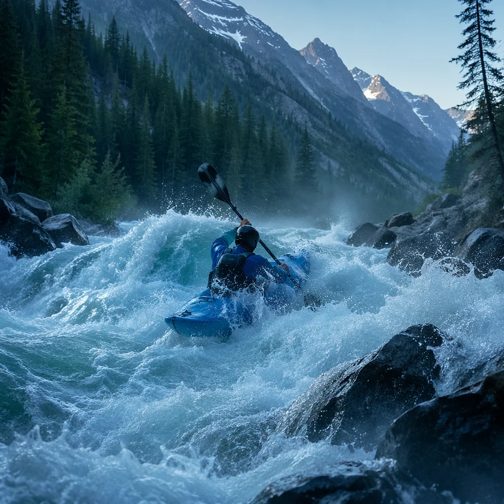 Lone Kayaker Charging Through Mountain Rapids