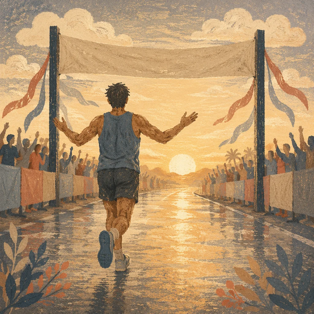 Grateful Marathon Runner Crossing Finish Line