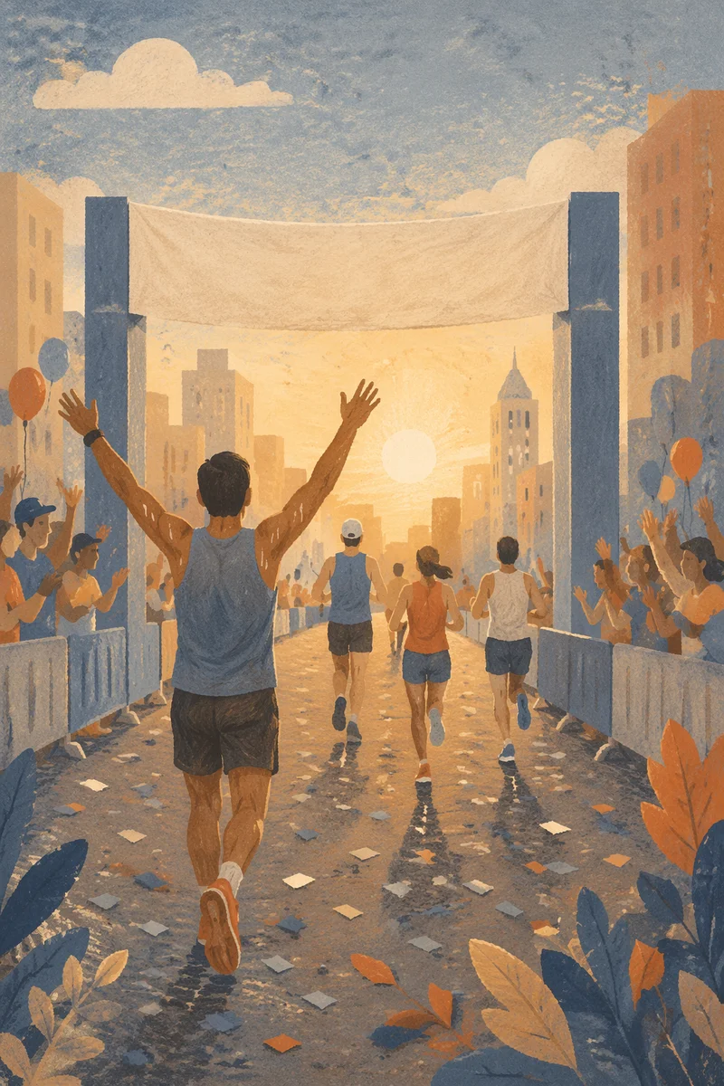 Marathon Runners Reaching Dawn Finish Line