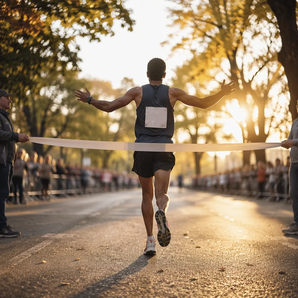 Marathon Runner Crossing Finish Line at Golden Hour