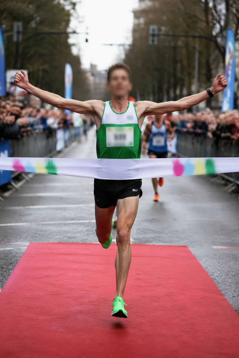 Victorious Marathon Runner Crossing Finish Line