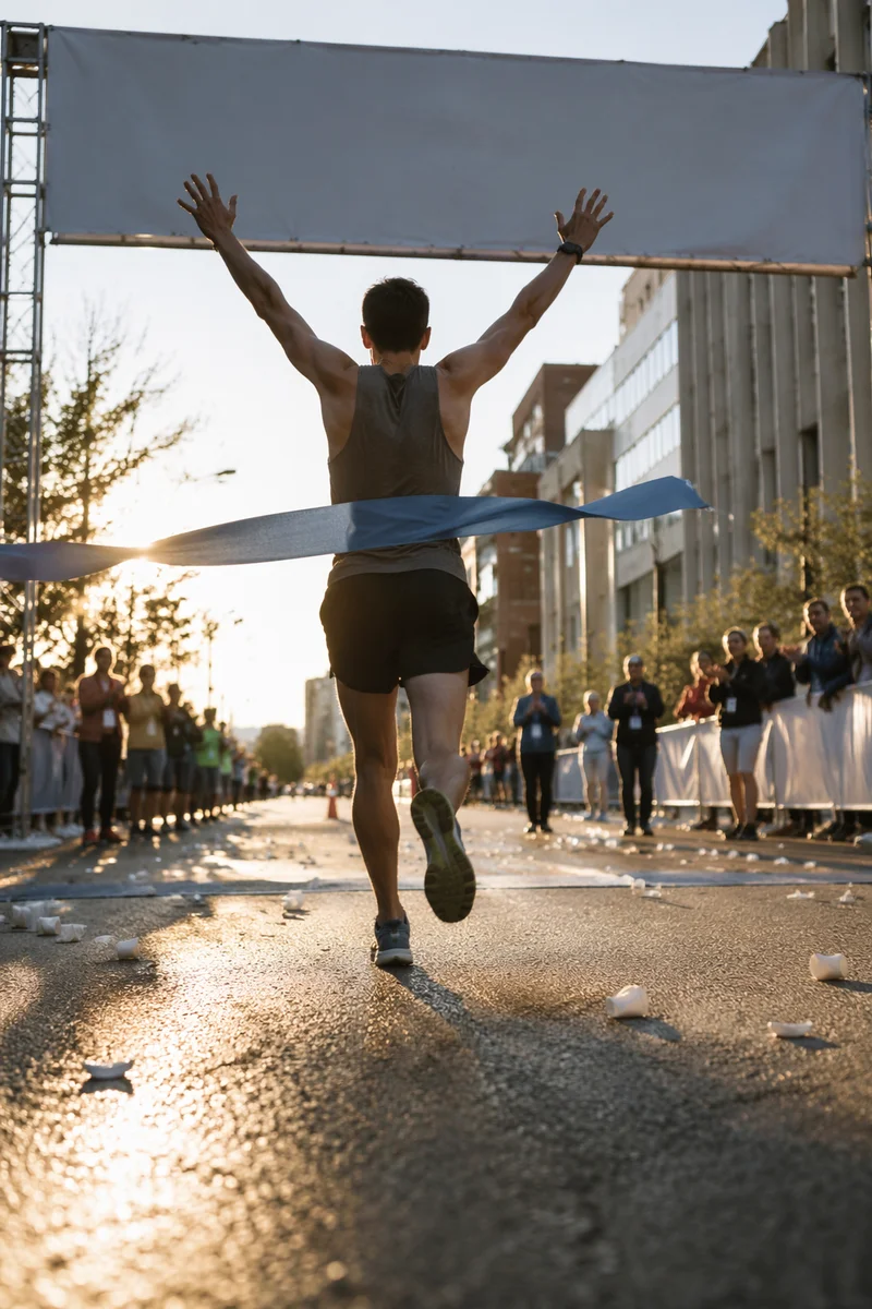 Marathon Runner Crossing Sunrise Finish Line