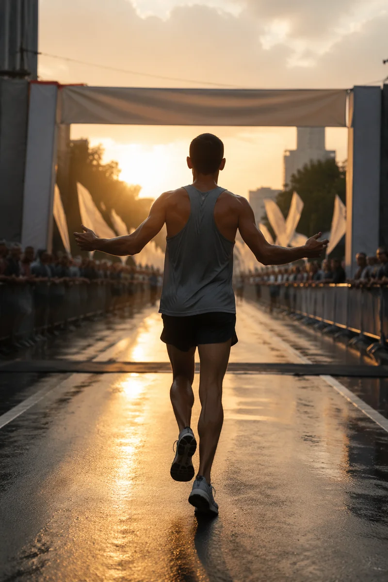 Marathon Runner Crossing Finish Line at Sunrise
