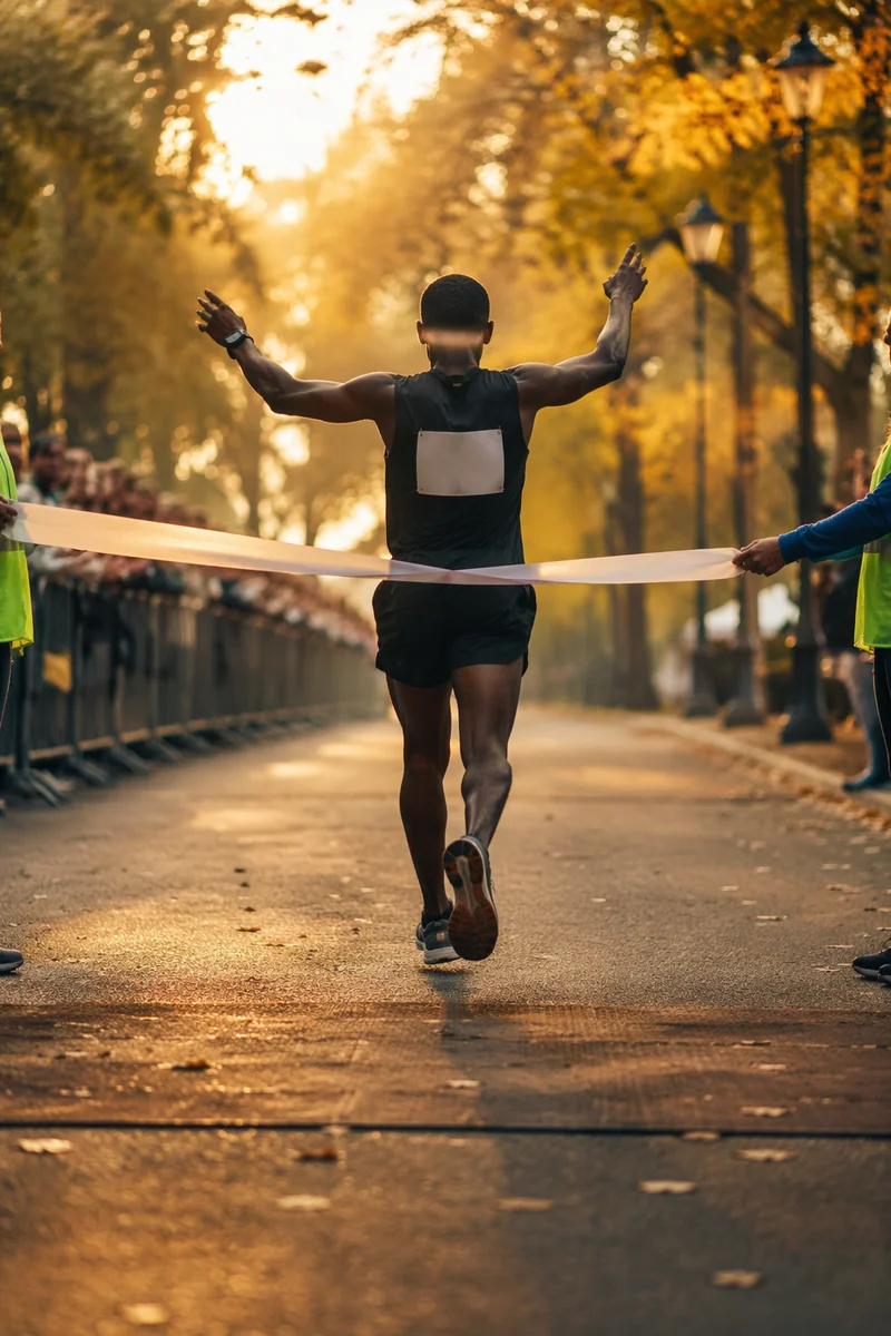 Marathon Runner Crossing Finish Line at Golden Hour