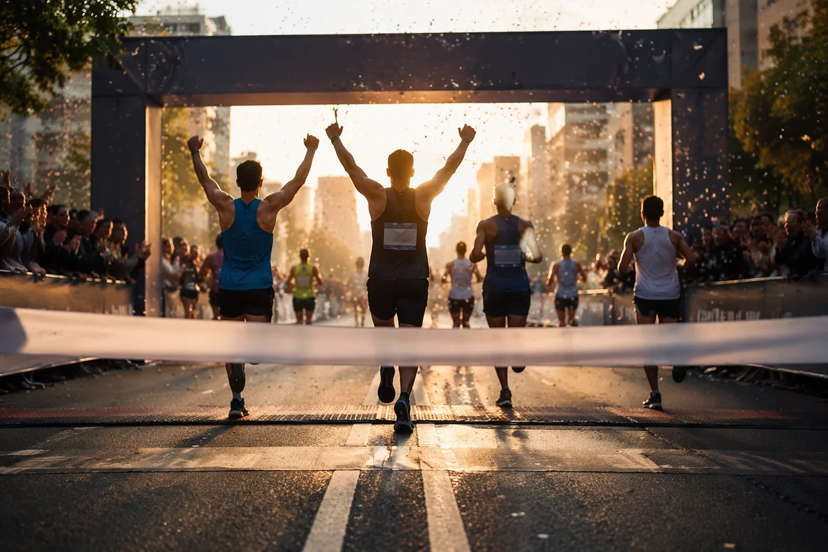 Marathon Runners Crossing Finish Line at Sunset