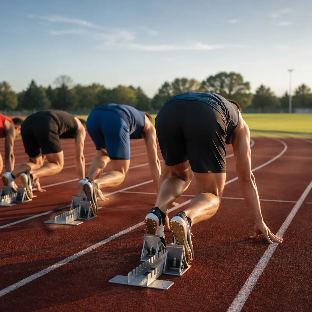 Athletes Ready at Outdoor Track Starting Line