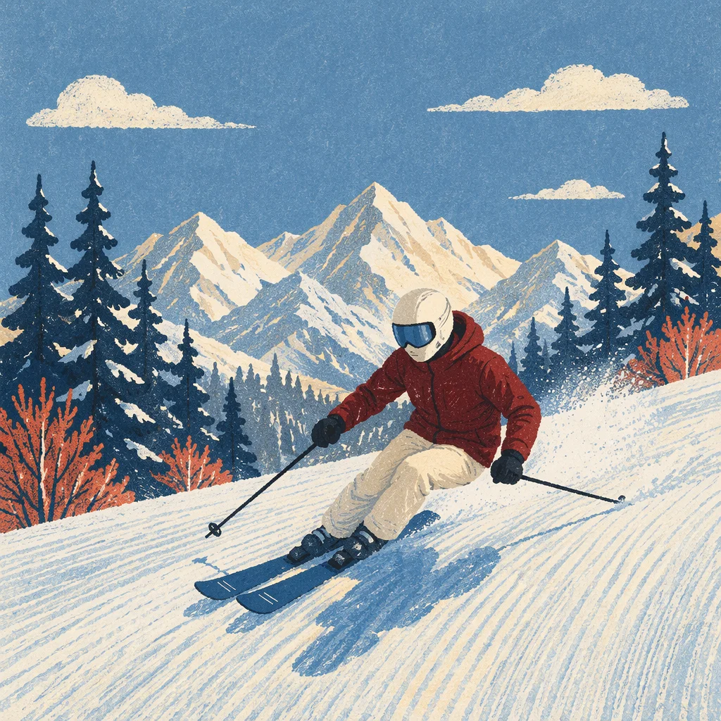 Burgundy Skier Descending Snowy Alpine Slope