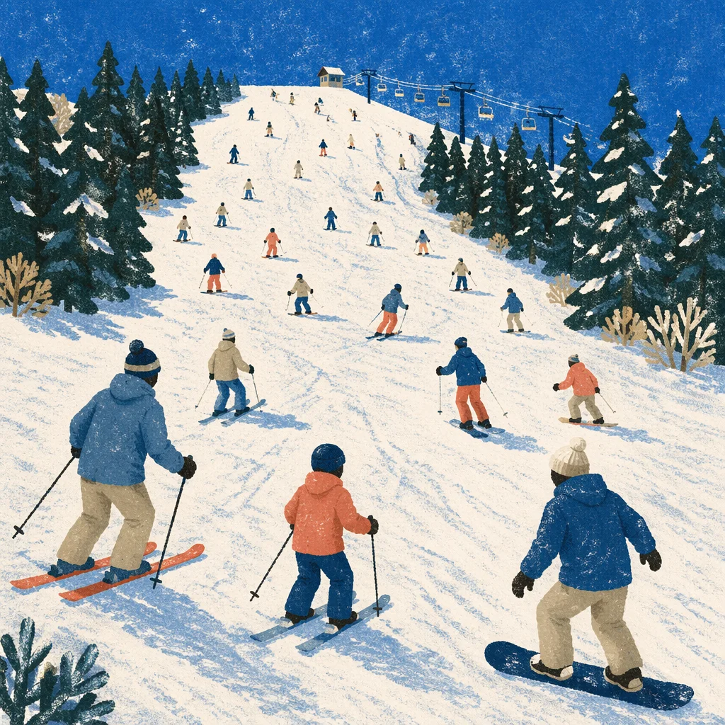 Busy Downhill Ski Slope in Winter