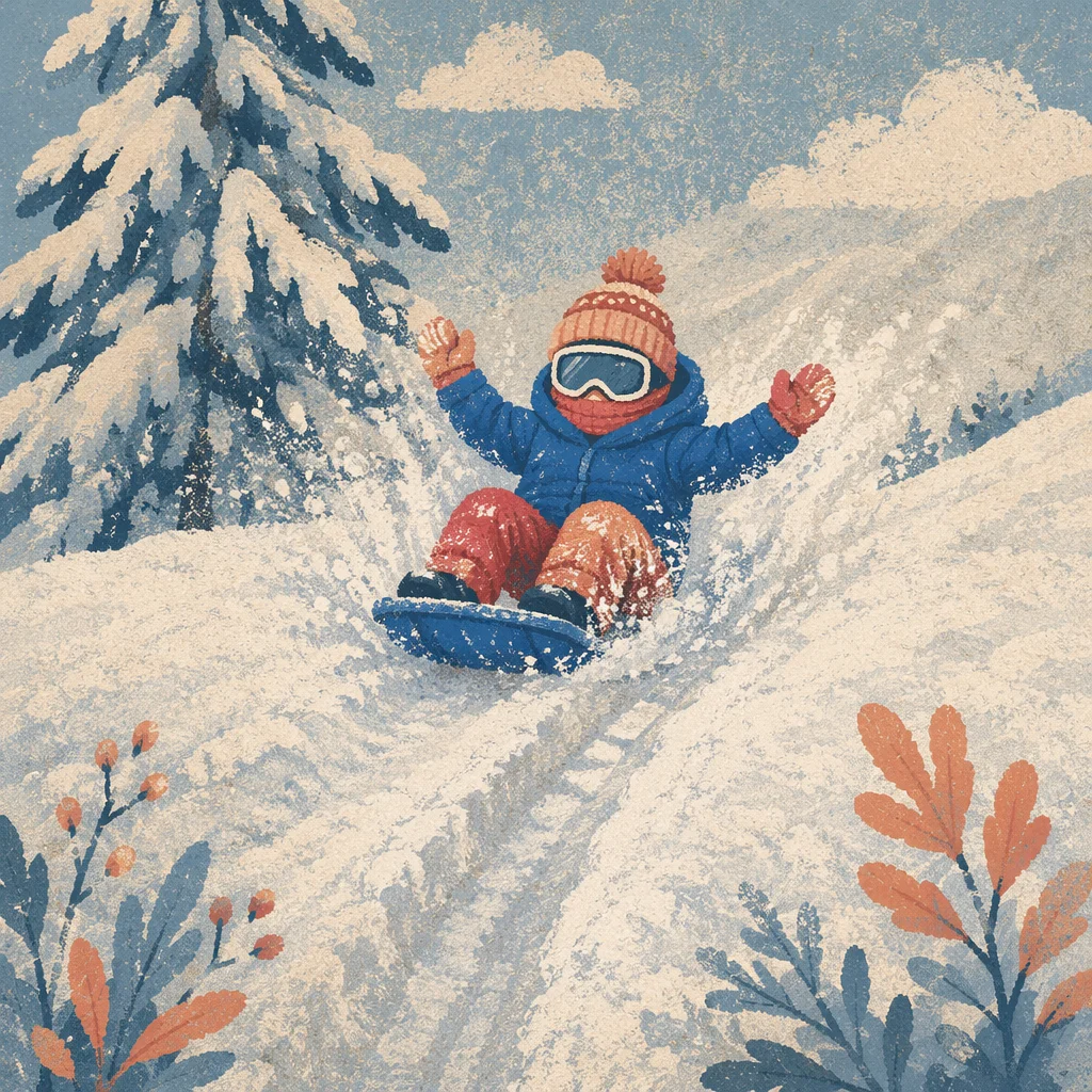 Playful Downhill Sledding on Snowy Mountain